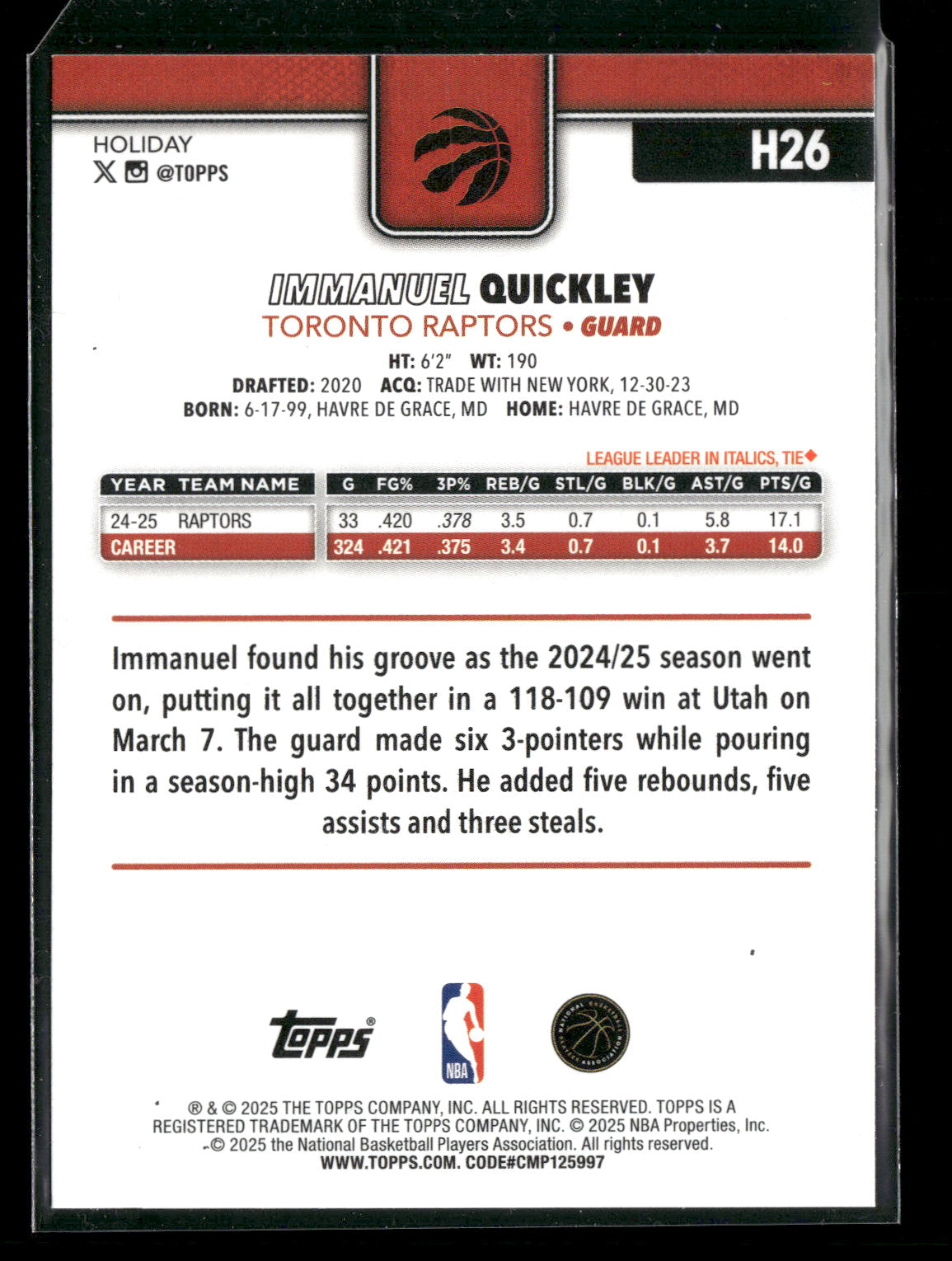 2025-26 Topps Holiday Basketball Immanuel Quickley #H26