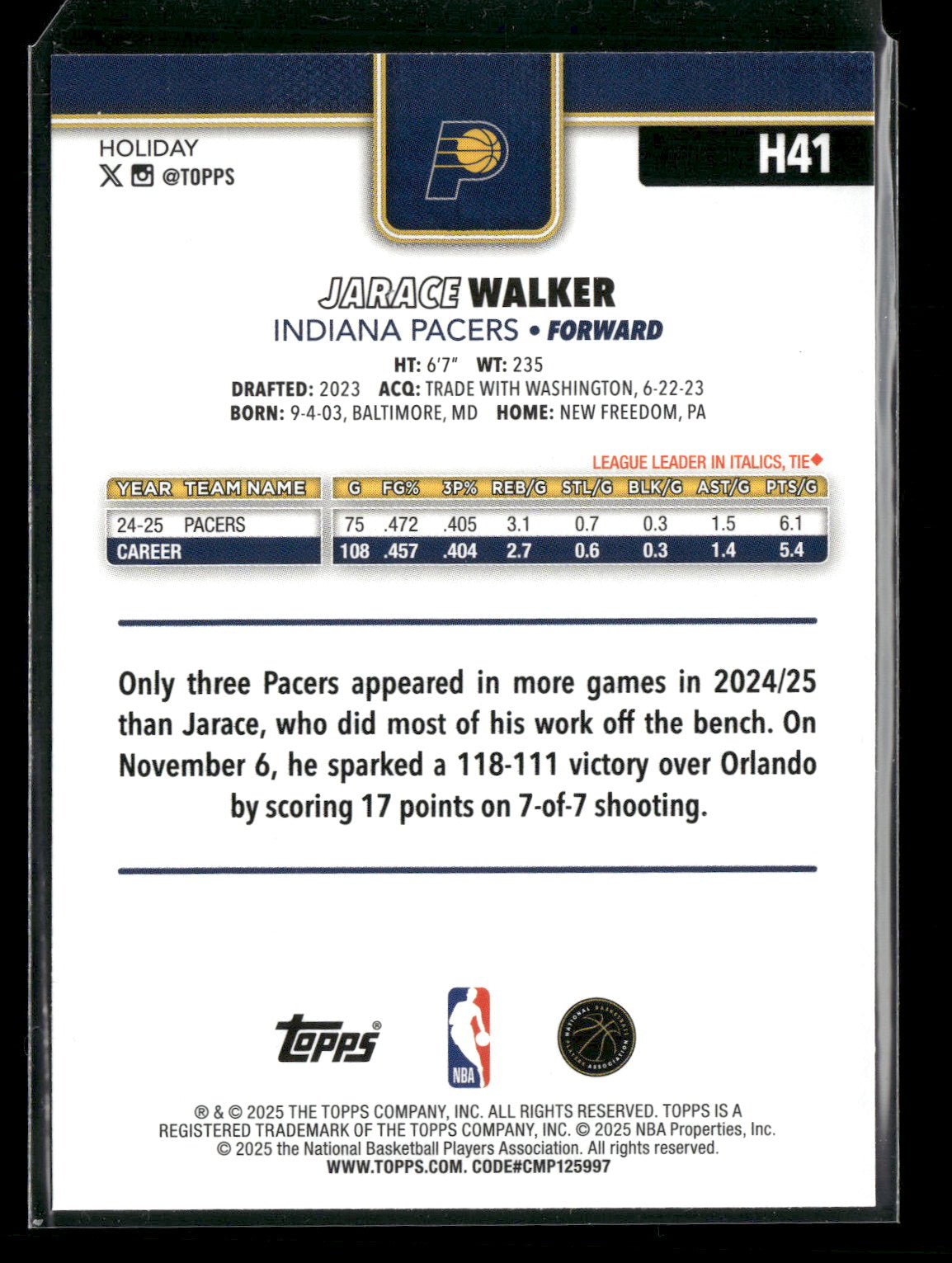 2025-26 Topps Holiday Basketball Jarace Walker #H41