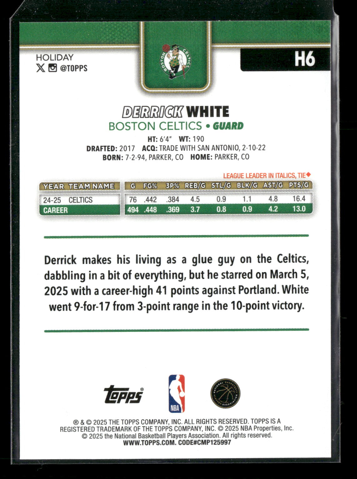 2025-26 Topps Holiday Basketball Derrick White #H6
