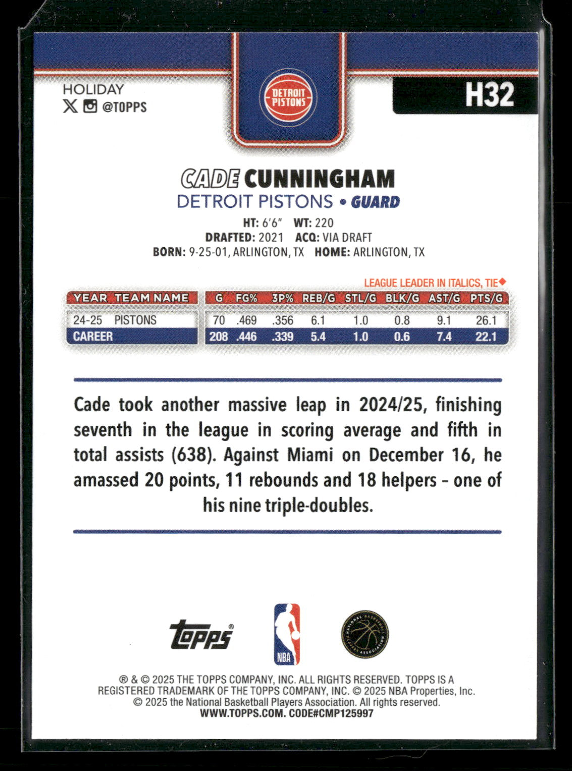2025-26 Topps Holiday Basketball Cade Cunningham #H32