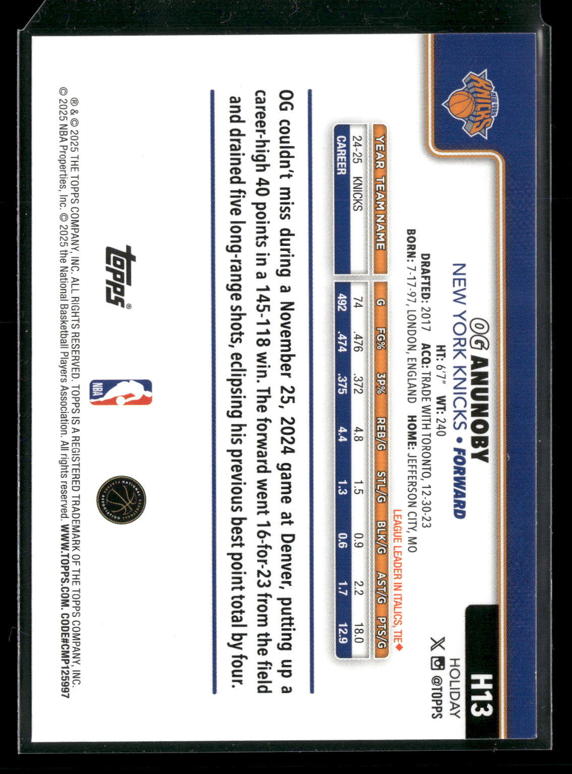 2025-26 Topps Holiday Basketball OG Anunoby #H13