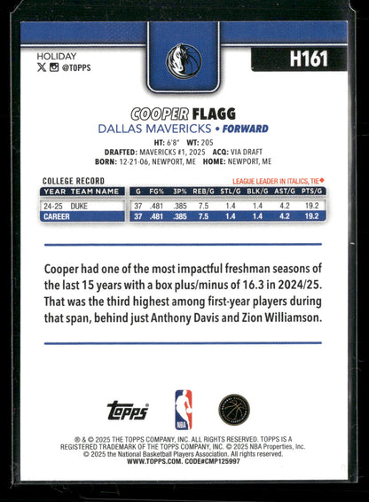 2025-26 Topps Holiday Basketball Cooper Flagg #H161 RC