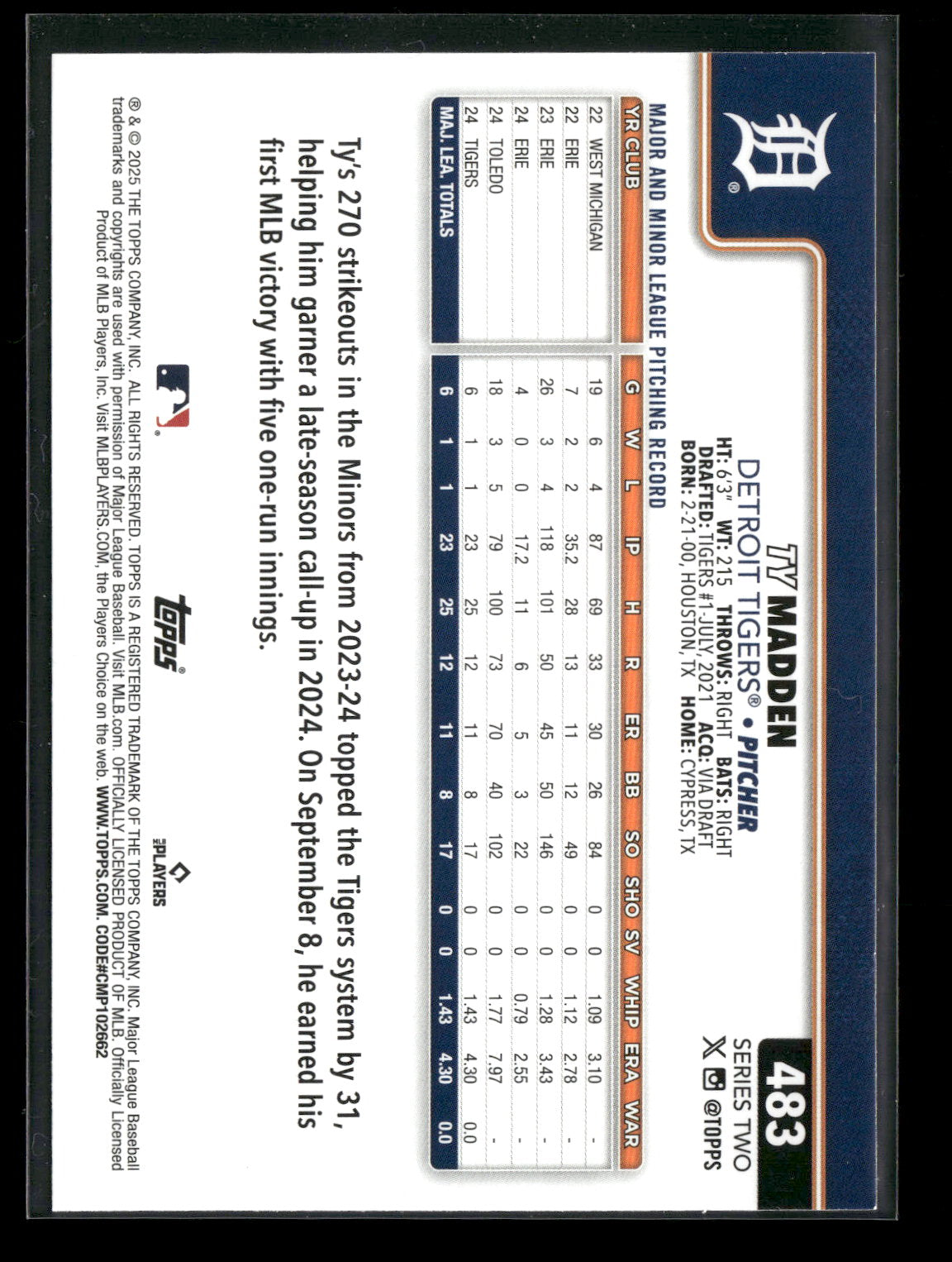 2025 Topps Series 2 Baseball Ty Madden #483 RC