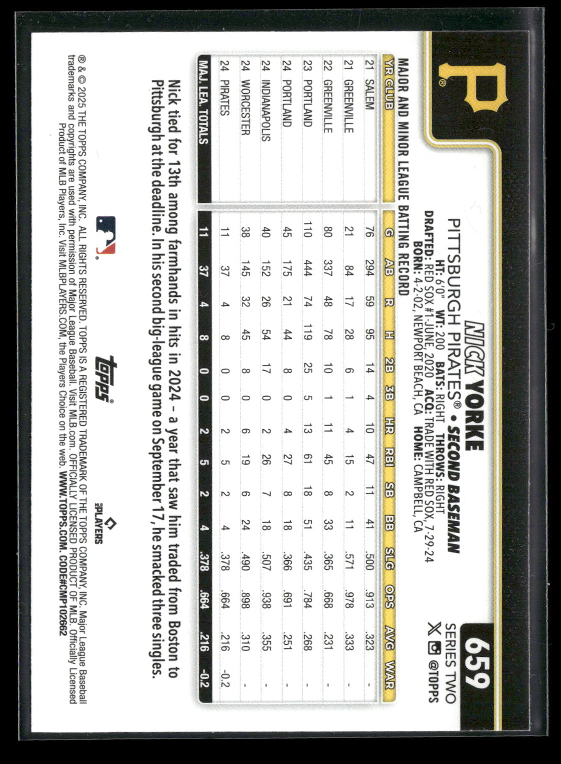 2025 Topps Series 2 Baseball Nick Yorke #659 RC