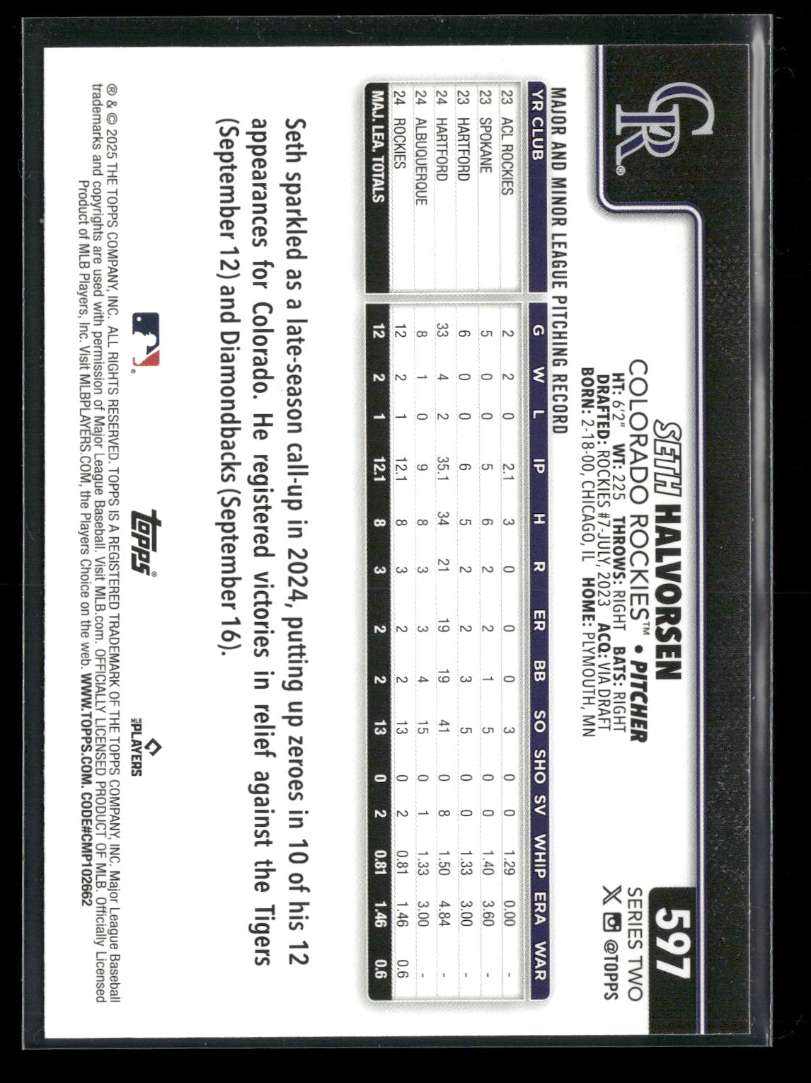 2025 Topps Series 2 Baseball Seth Halvorsen #597 RC