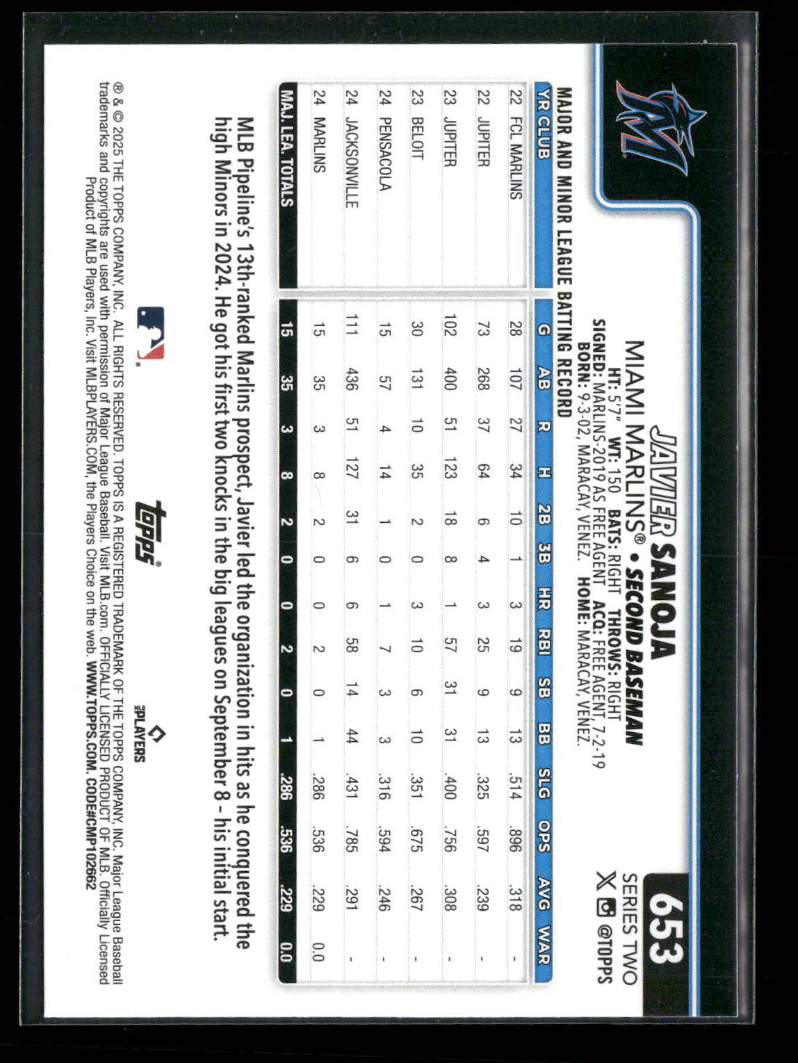 2025 Topps Series 2 Baseball Javier Sanoja #653 RC