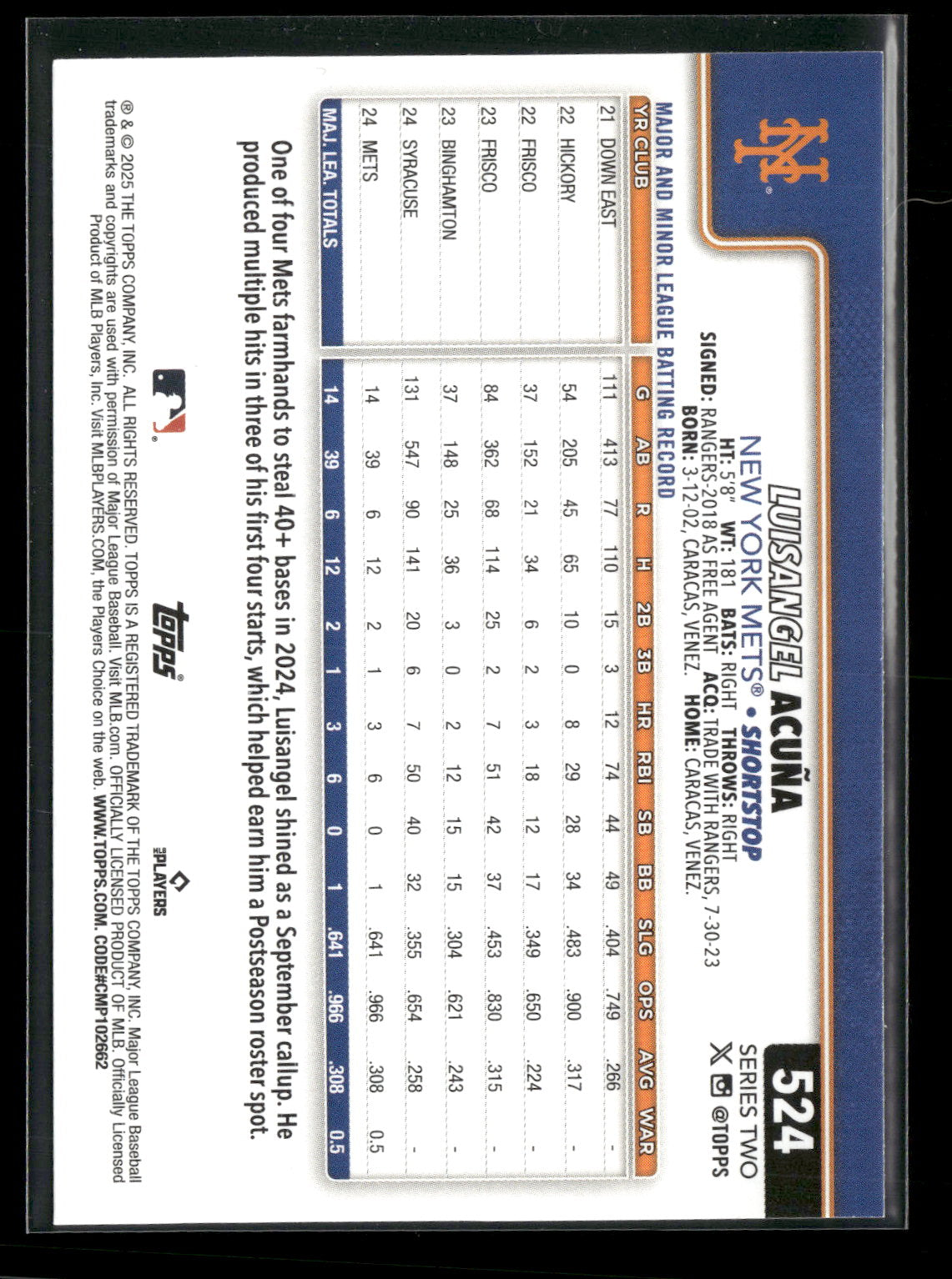 2025 Topps Series 2 Baseball Luisangel Acuña #524 RC
