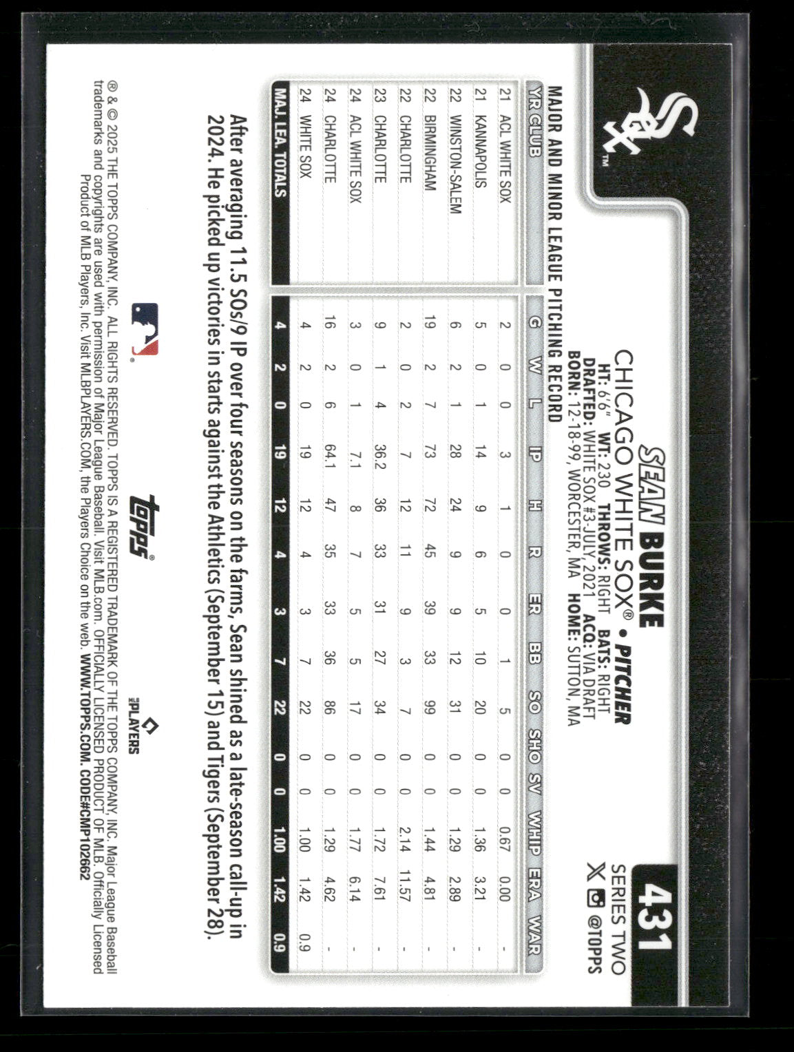 2025 Topps Series 2 Baseball Sean Burke #431 RC