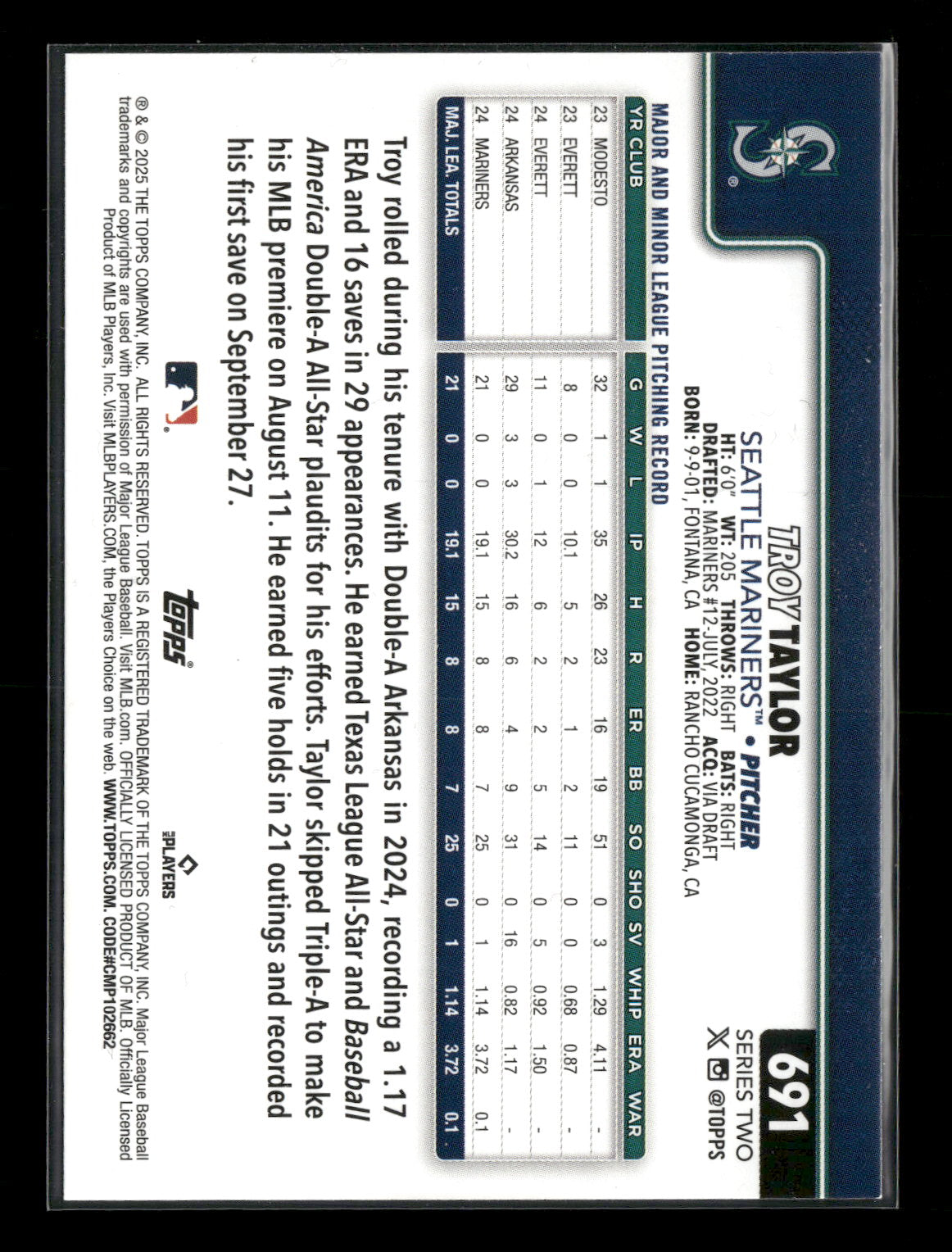 2025 Topps Series 2 Baseball Troy Taylor #691 RC