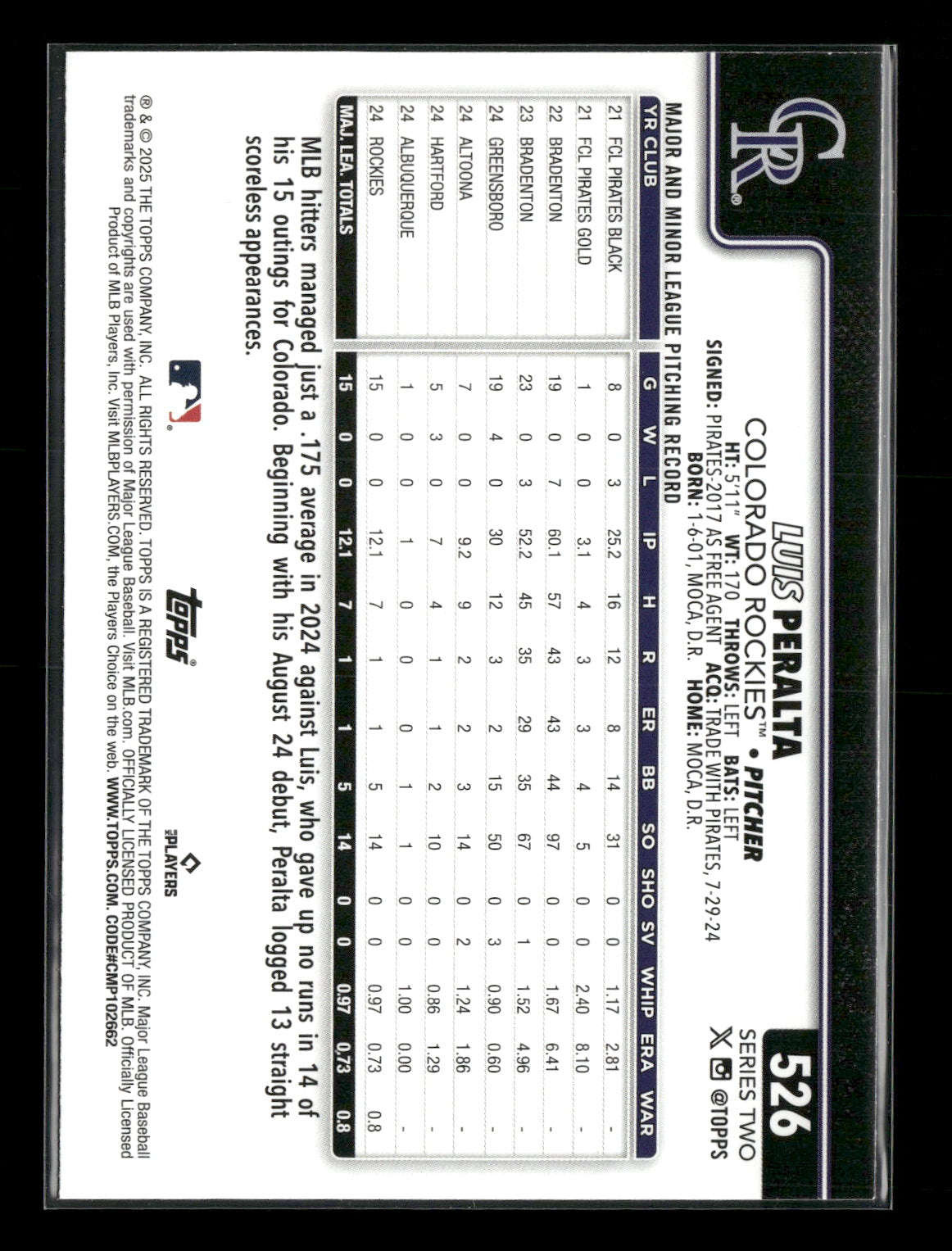 2025 Topps Series 2 Baseball Luis Peralta #526 RC