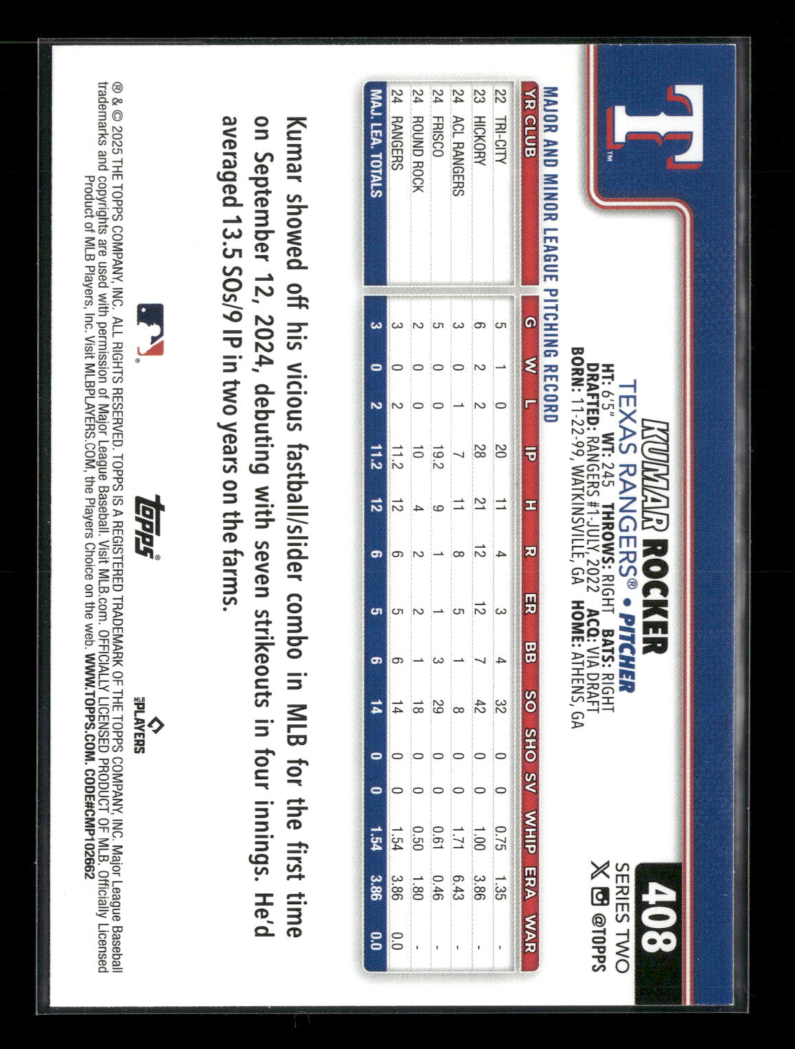 2025 Topps Series 2 Baseball Kumar Rocker #408 RC