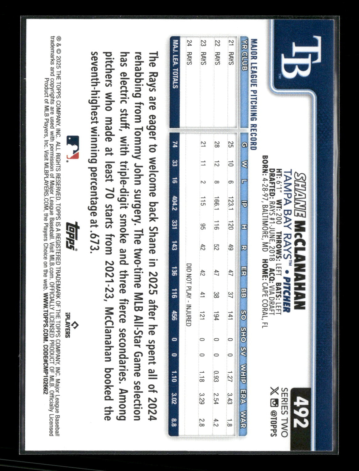 2025 Topps Series 2 Baseball Shane McClanahan #492