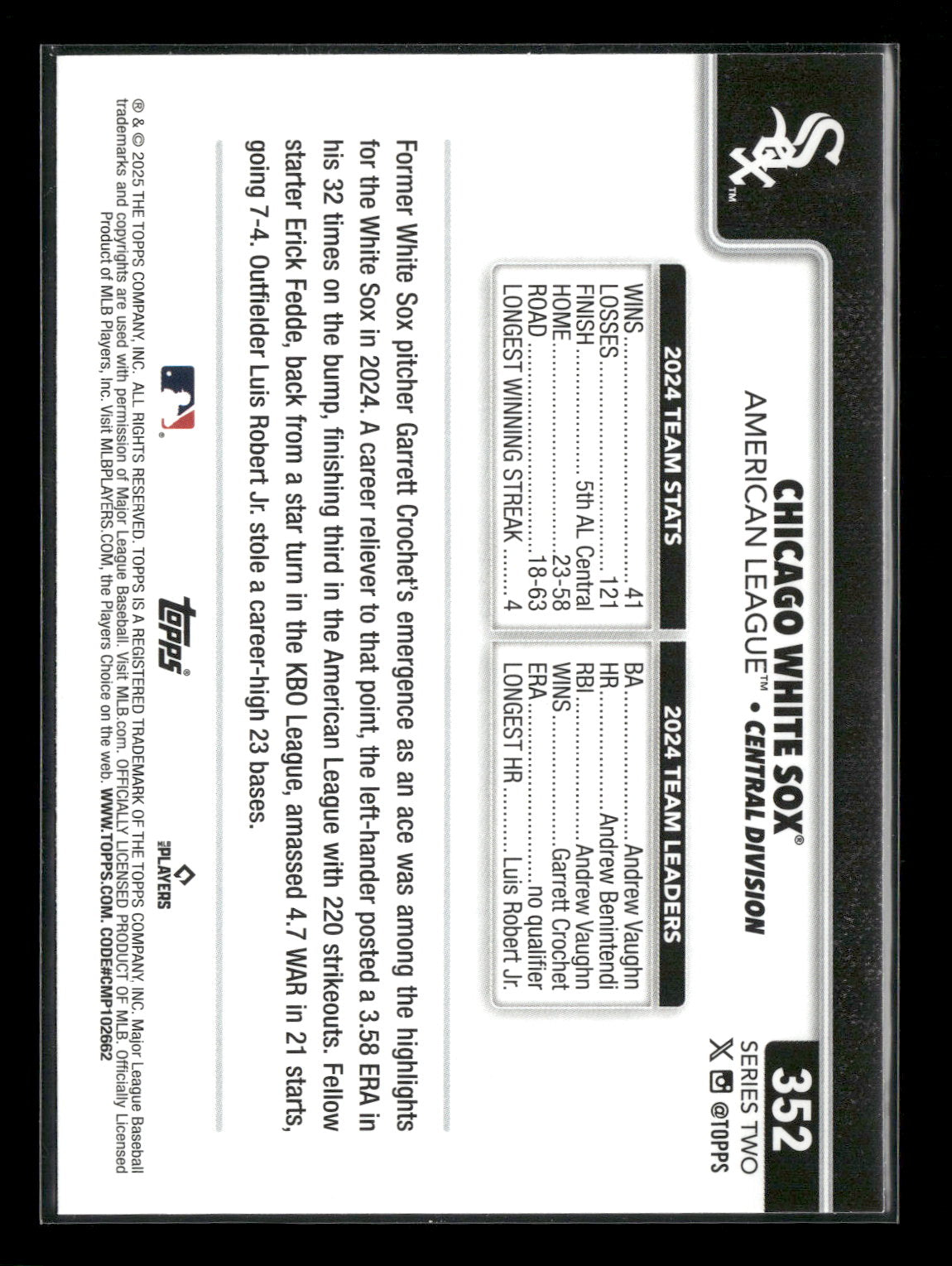 2025 Topps Series 2 Baseball Chicago White Sox #352