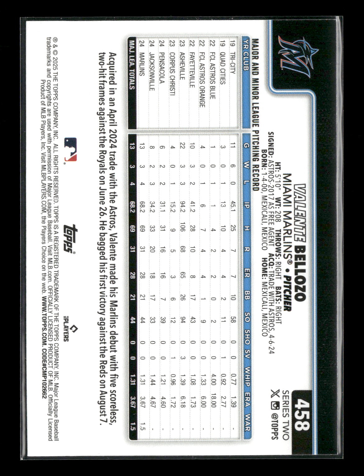 2025 Topps Series 2 Baseball Valente Bellozo #458 RC
