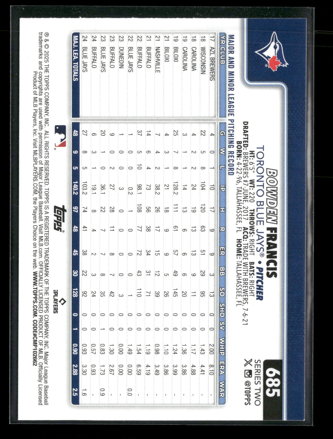 2025 Topps Series 2 Baseball Bowden Francis #685