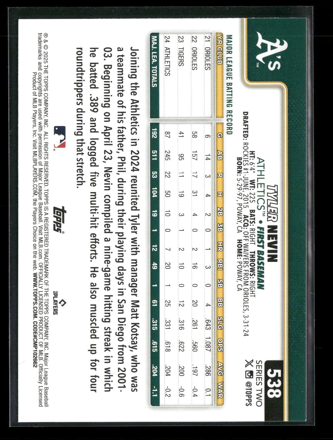 2025 Topps Series 2 Baseball Tyler Nevin #538