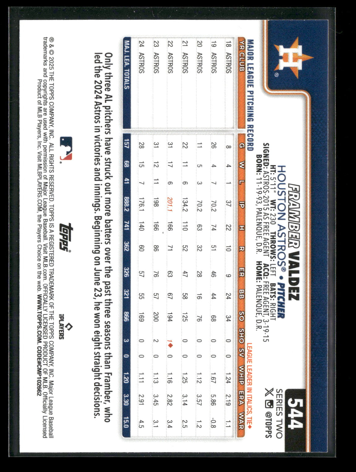 2025 Topps Series 2 Baseball Framber Valdez #544