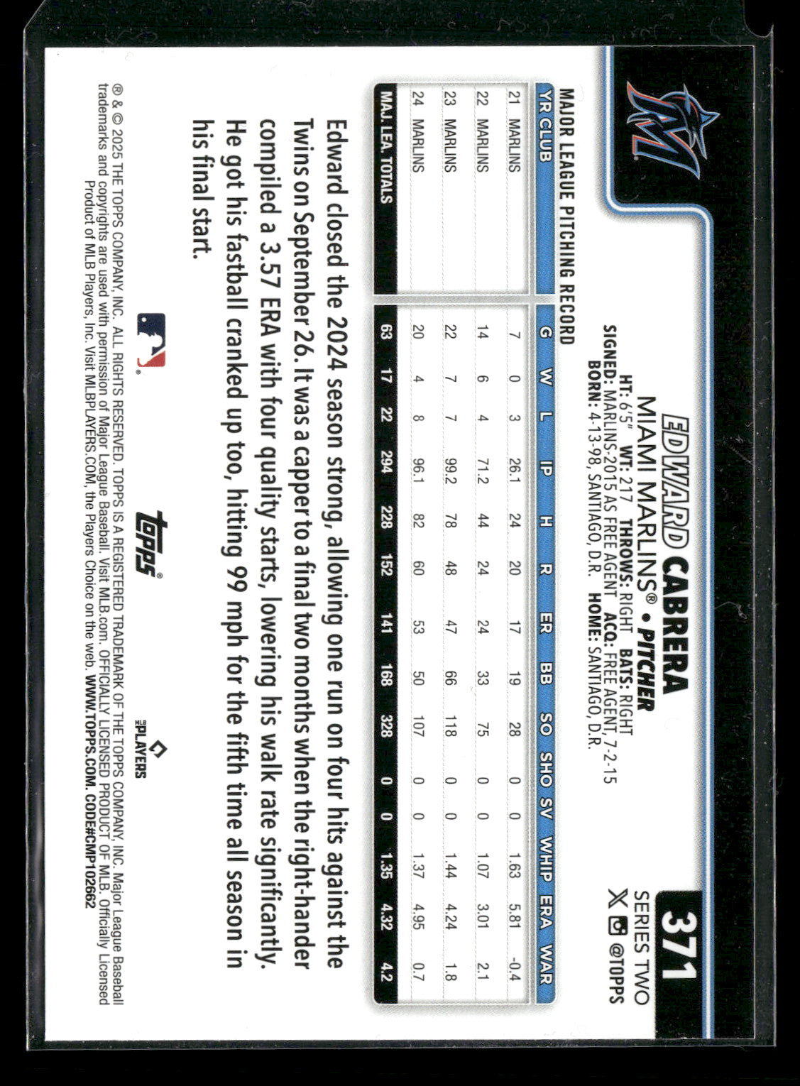 2025 Topps Series 2 Baseball Edward Cabrera #371