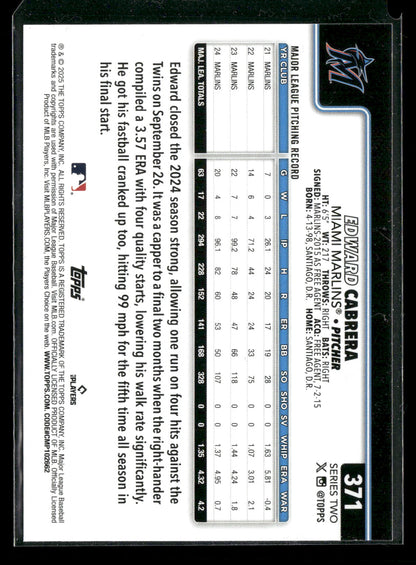 2025 Topps Series 2 Baseball Edward Cabrera #371