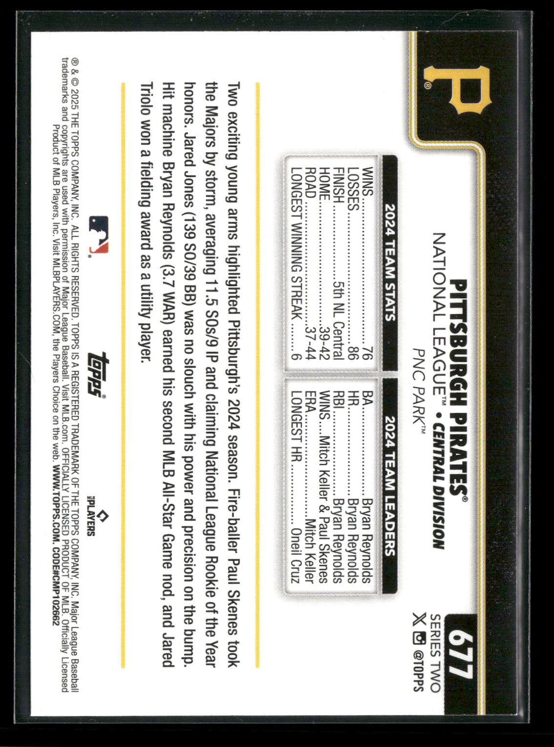 2025 Topps Series 2 Baseball Pittsburgh Pirates Team Card #677