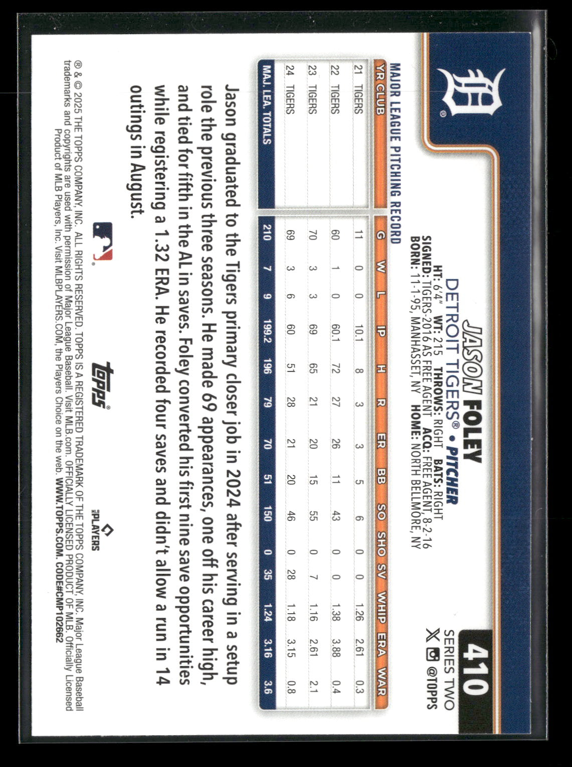 2025 Topps Series 2 Baseball Jason Foley #410