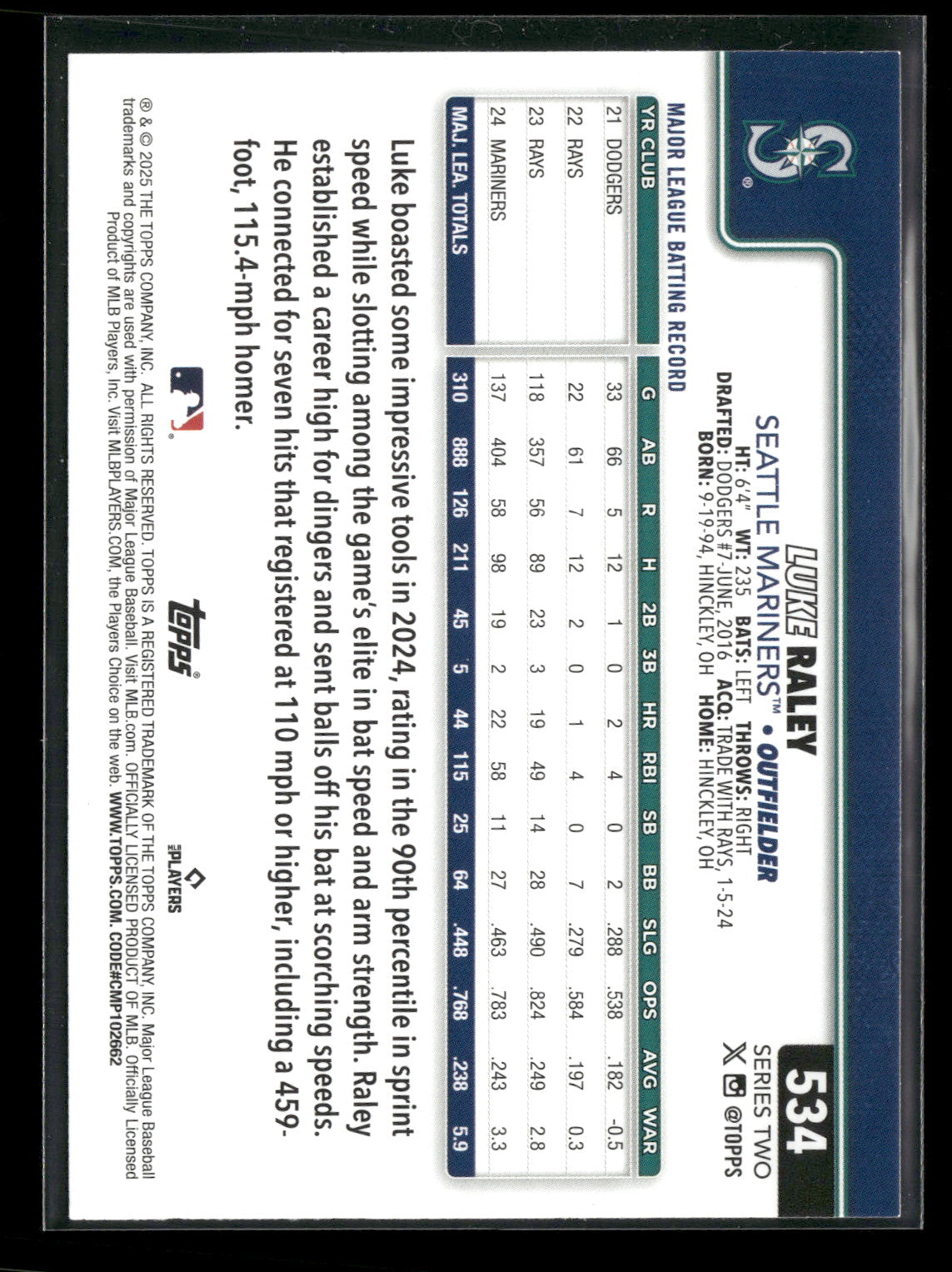 2025 Topps Series 2 Baseball Luke Raley #534