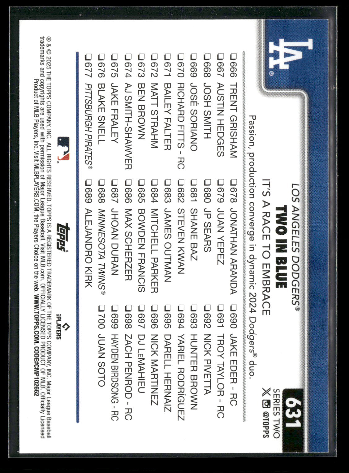 2025 Topps Series 2 Baseball Two In Blue #631
