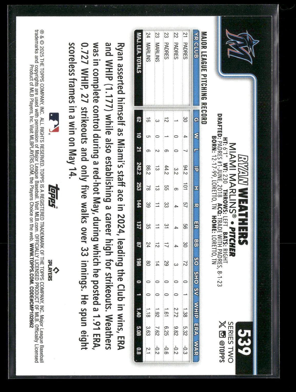 2025 Topps Series 2 Baseball Ryan Weathers #539