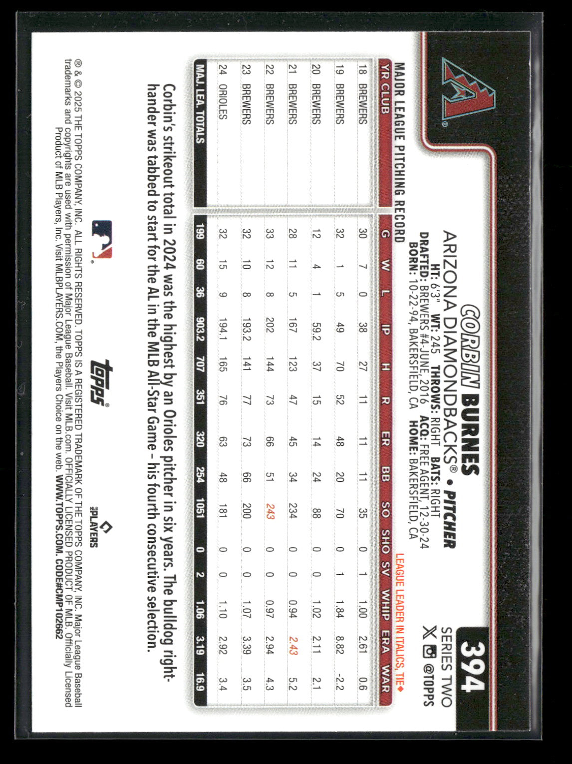 2025 Topps Series 2 Baseball Corbin Burnes #394
