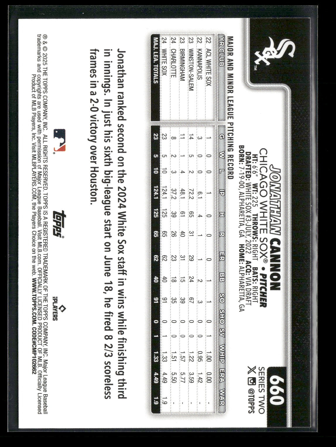 2025 Topps Series 2 Baseball Jonathan Cannon #660