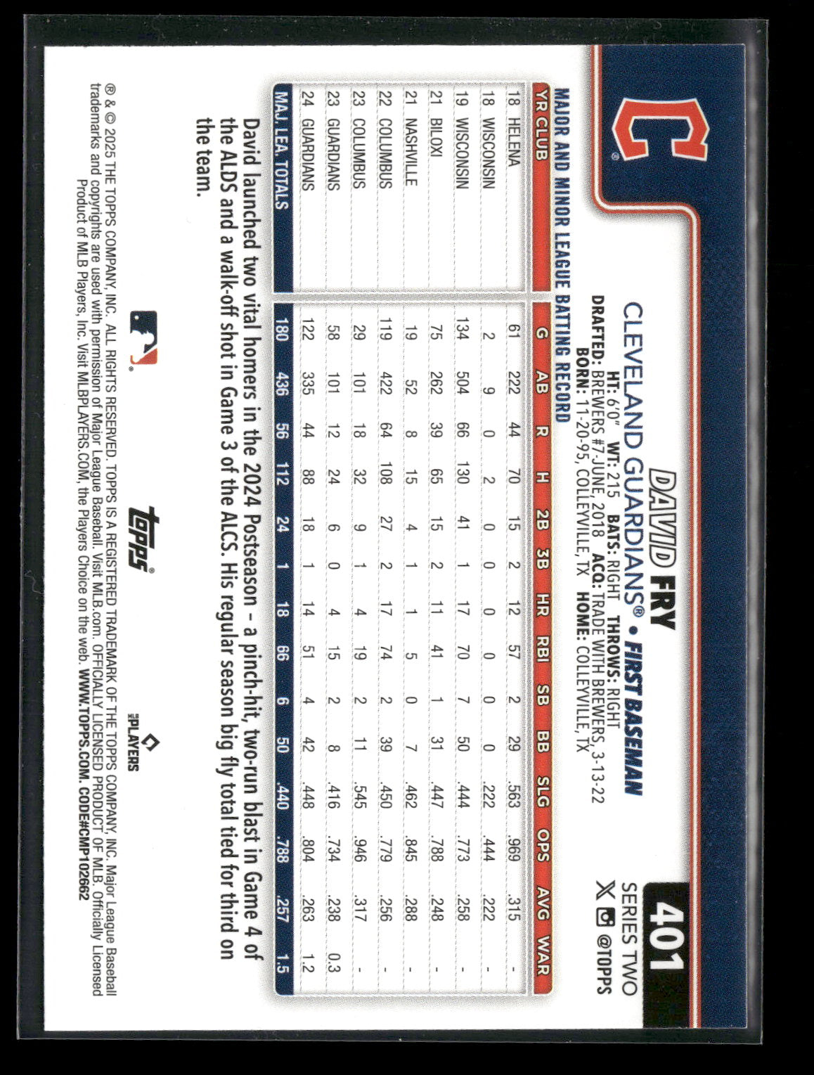 2025 Topps Series 2 Baseball David Fry #401