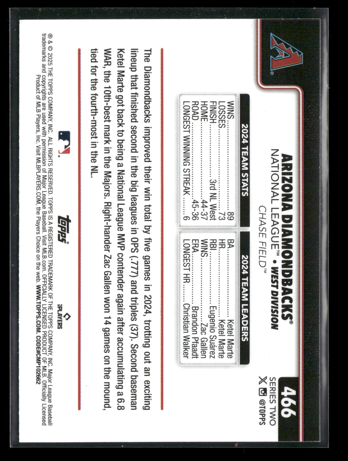 2025 Topps Series 2 Baseball Arizona Diamondbacks #466