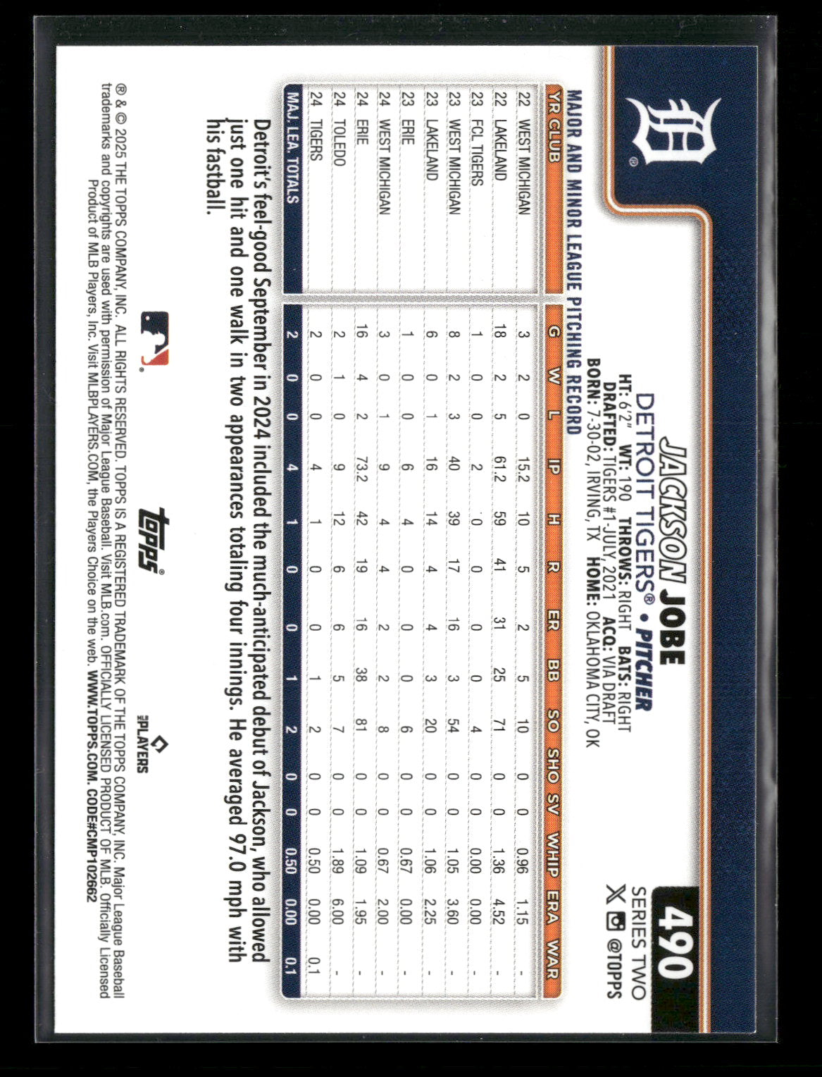2025 Topps Series 2 Baseball Jackson Jobe #490 RC