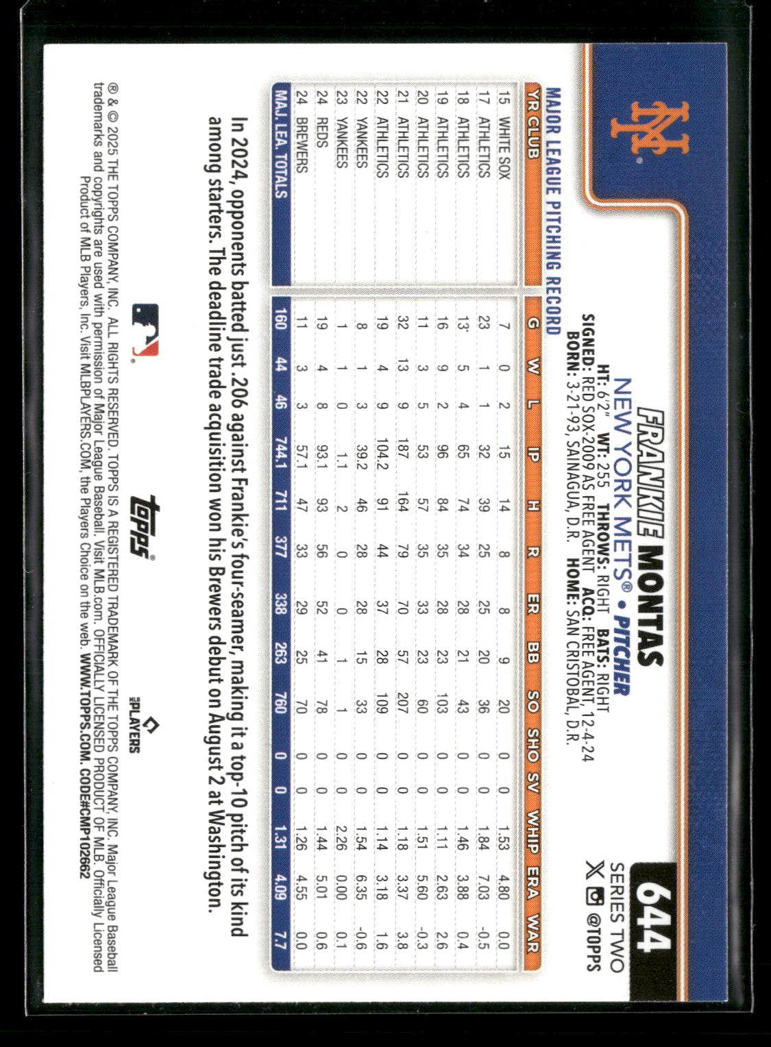 2025 Topps Series 2 Baseball Frankie Montas #644