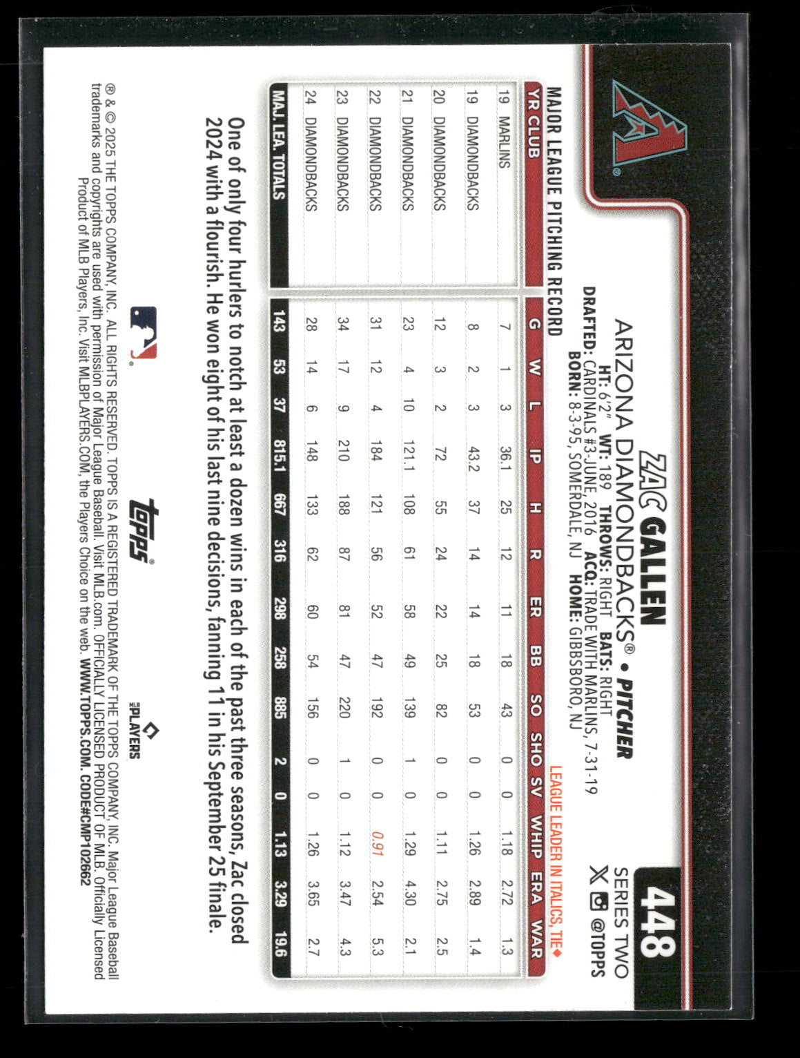 2025 Topps Series 2 Baseball Zac Gallen #448