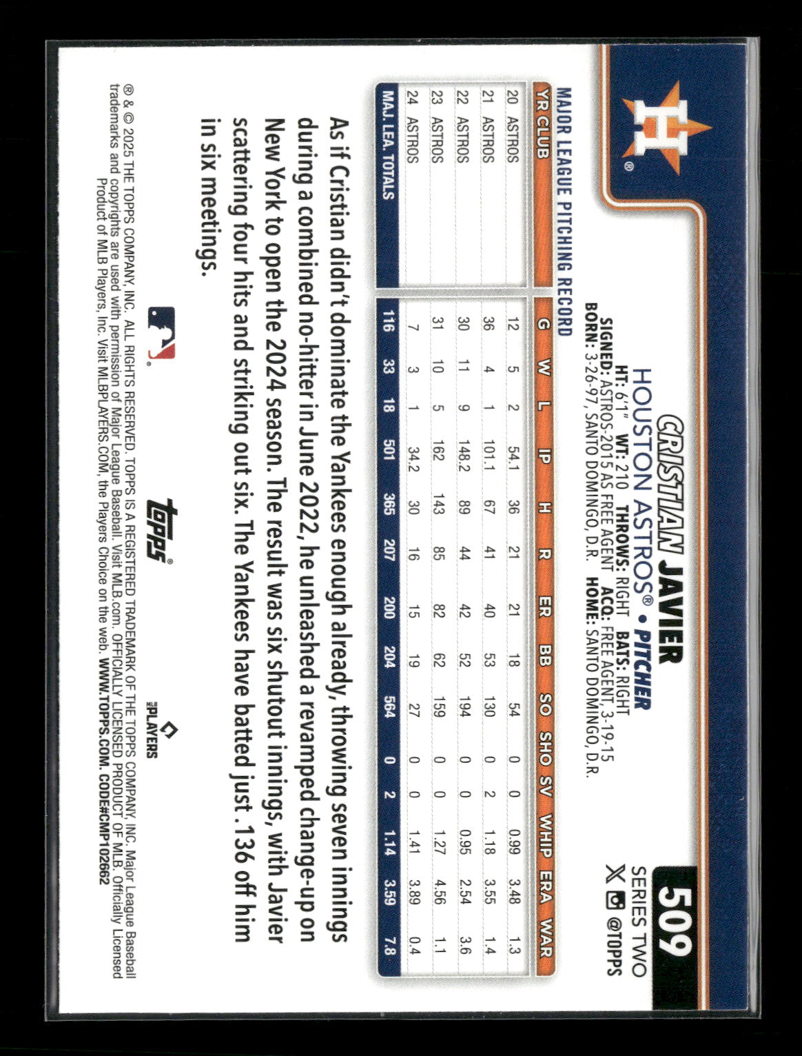 2025 Topps Series 2 Baseball Cristian Javier #509