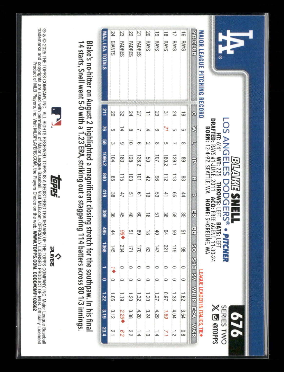 2025 Topps Series 2 Baseball Blake Snell #676
