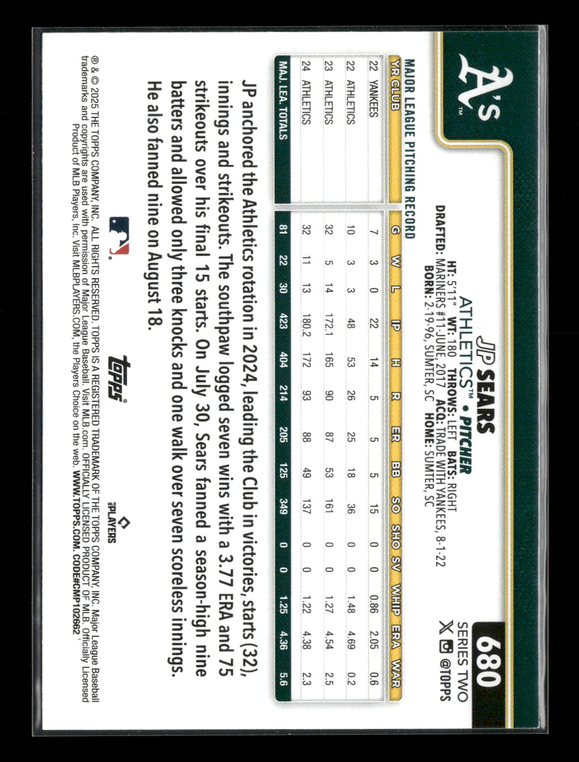 2025 Topps Series 2 Baseball JP Sears #680