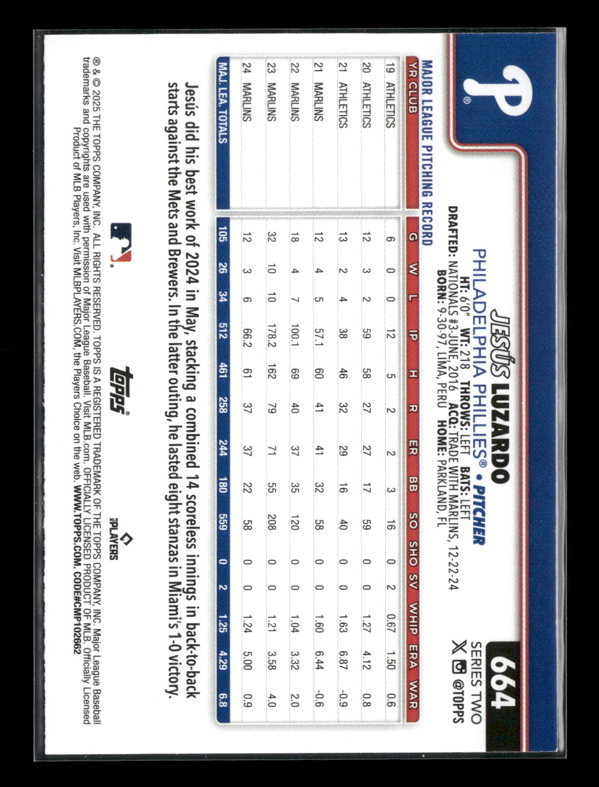 2025 Topps Series 2 Baseball Jesús Luzardo #664