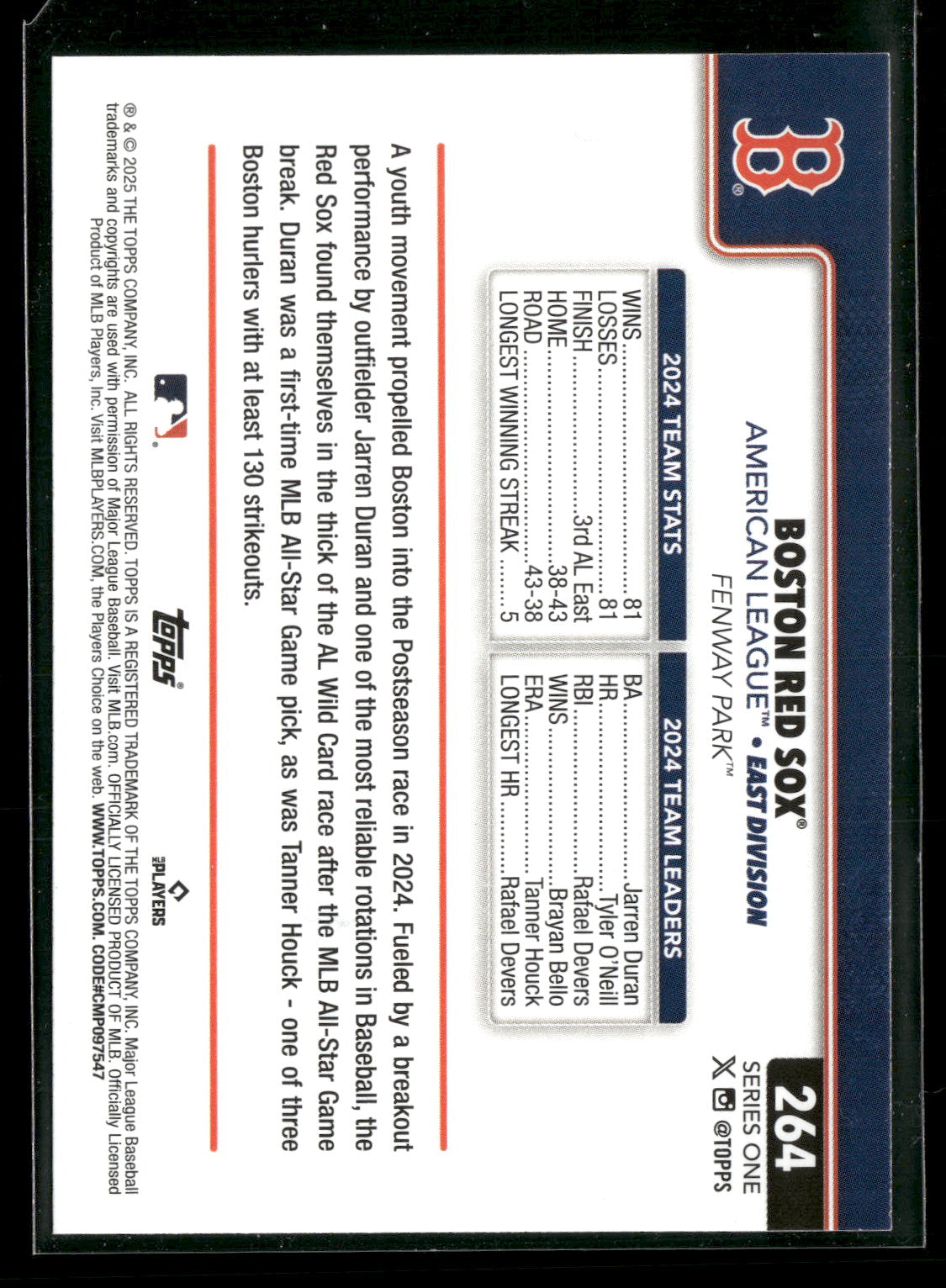 2025 Topps Series 1 Baseball Boston Red Sox #264