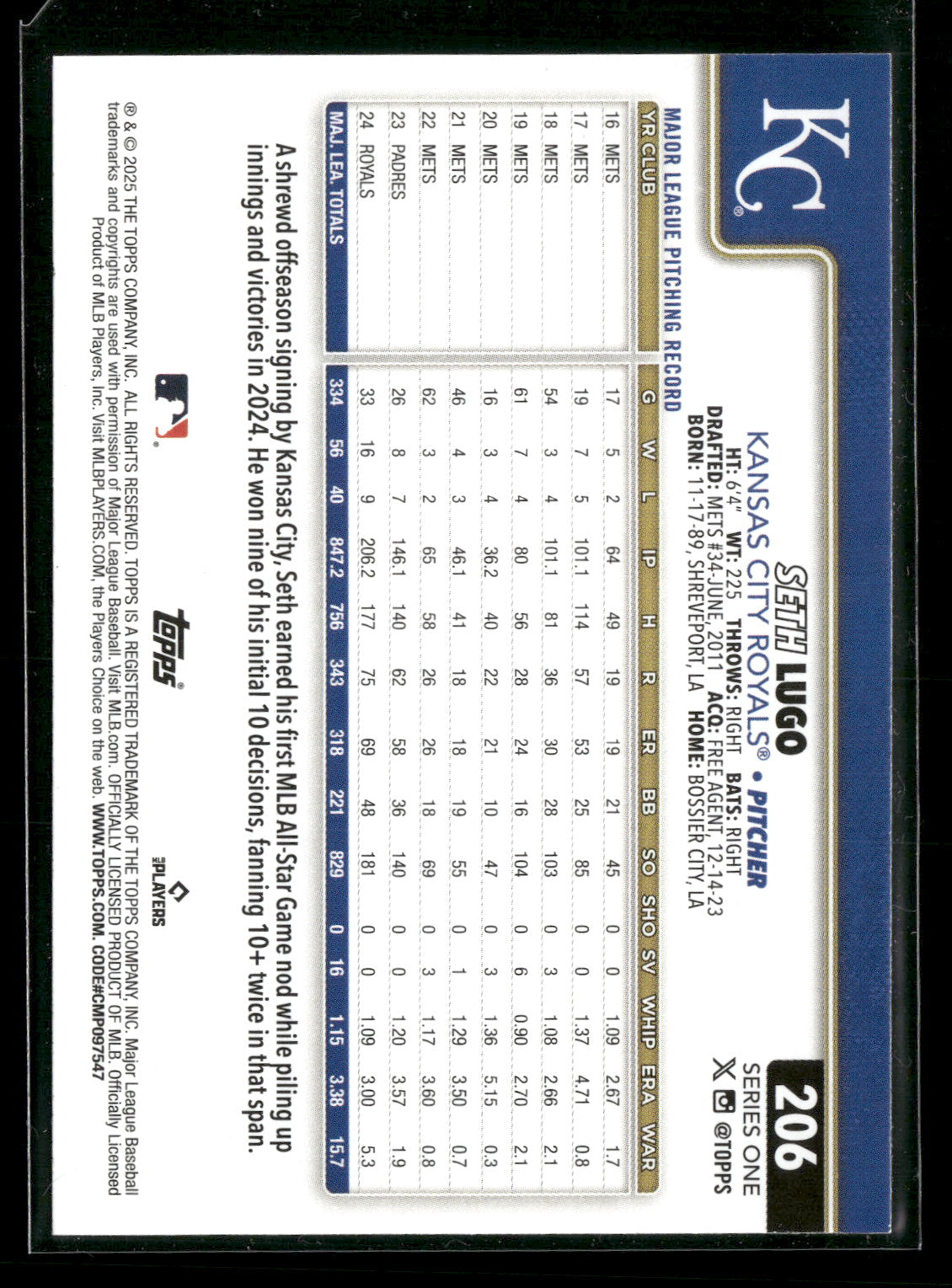 2025 Topps Series 1 Baseball Seth Lugo #206