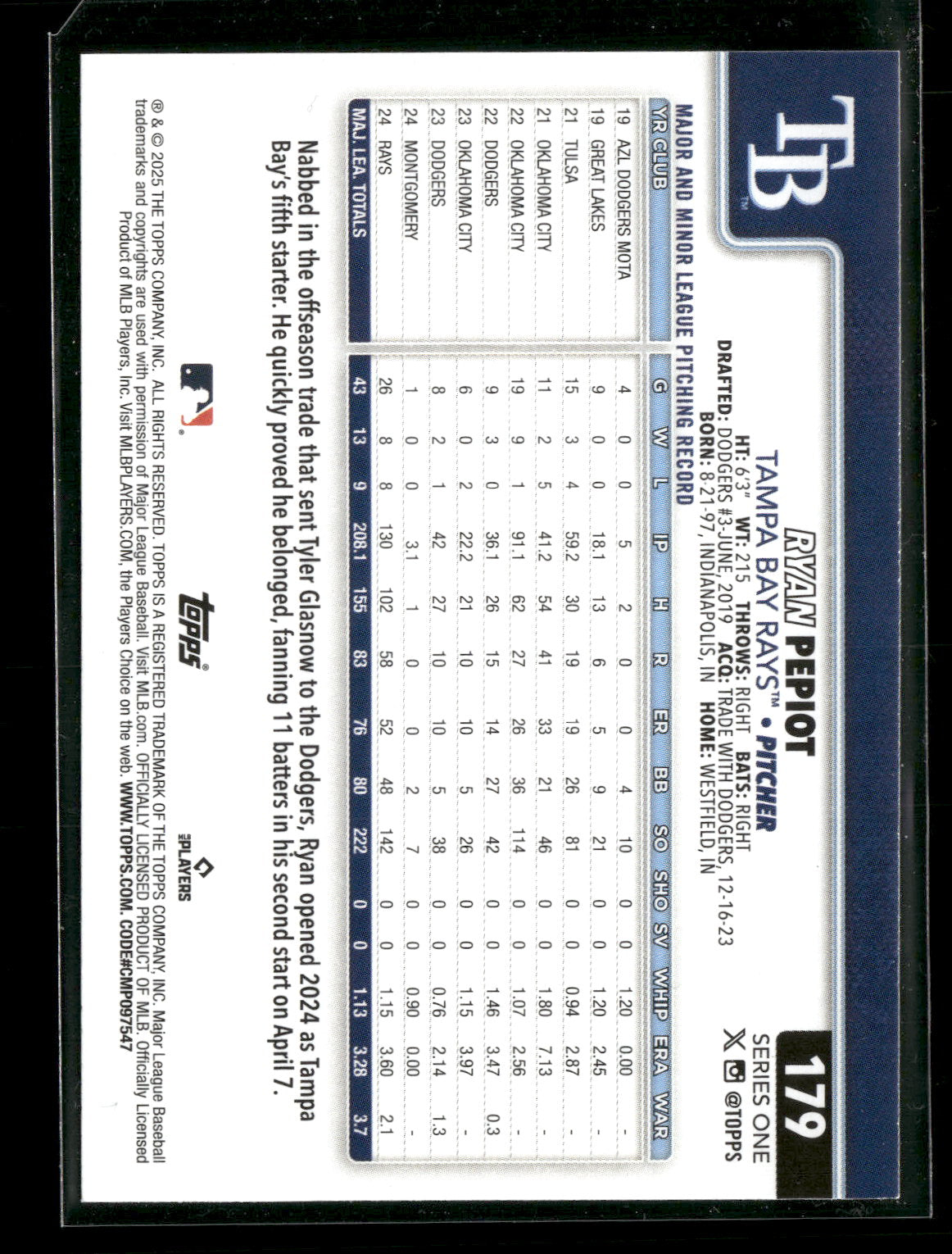 2025 Topps Series 1 Baseball Ryan Pepiot #179