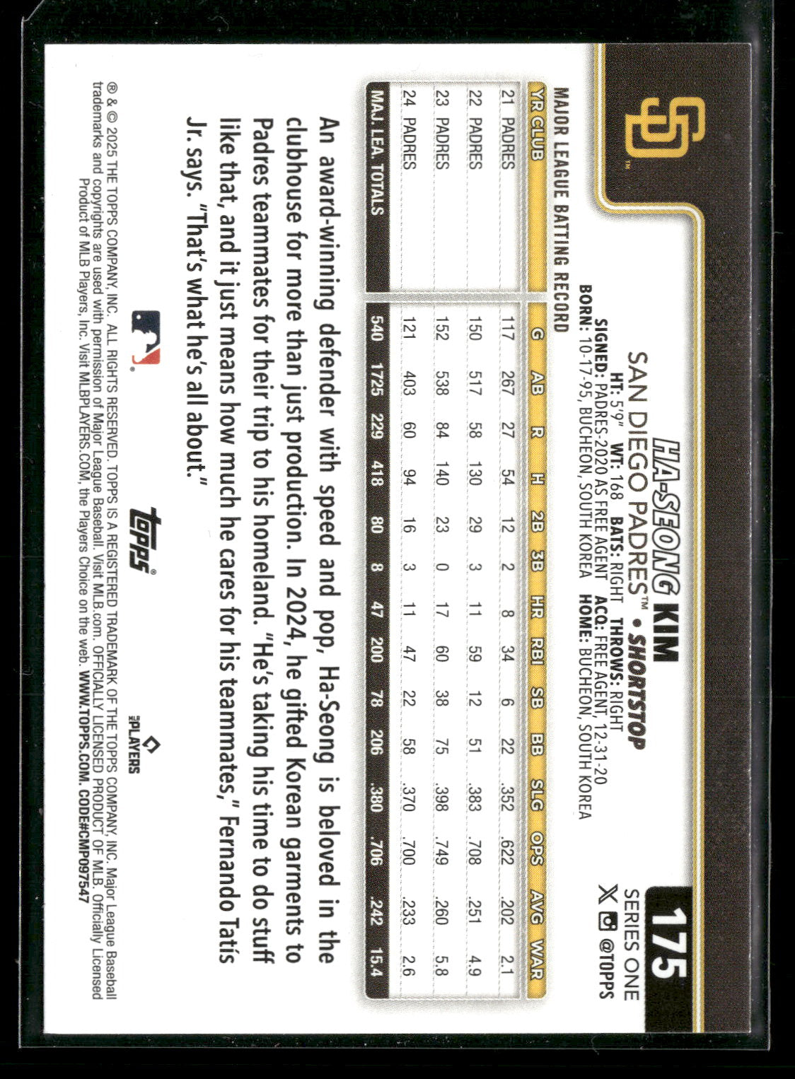 2025 Topps Series 1 Baseball Ha-Seong Kim #175