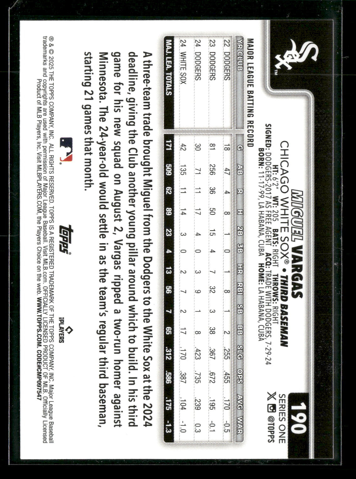 2025 Topps Series 1 Baseball Miguel Vargas #190