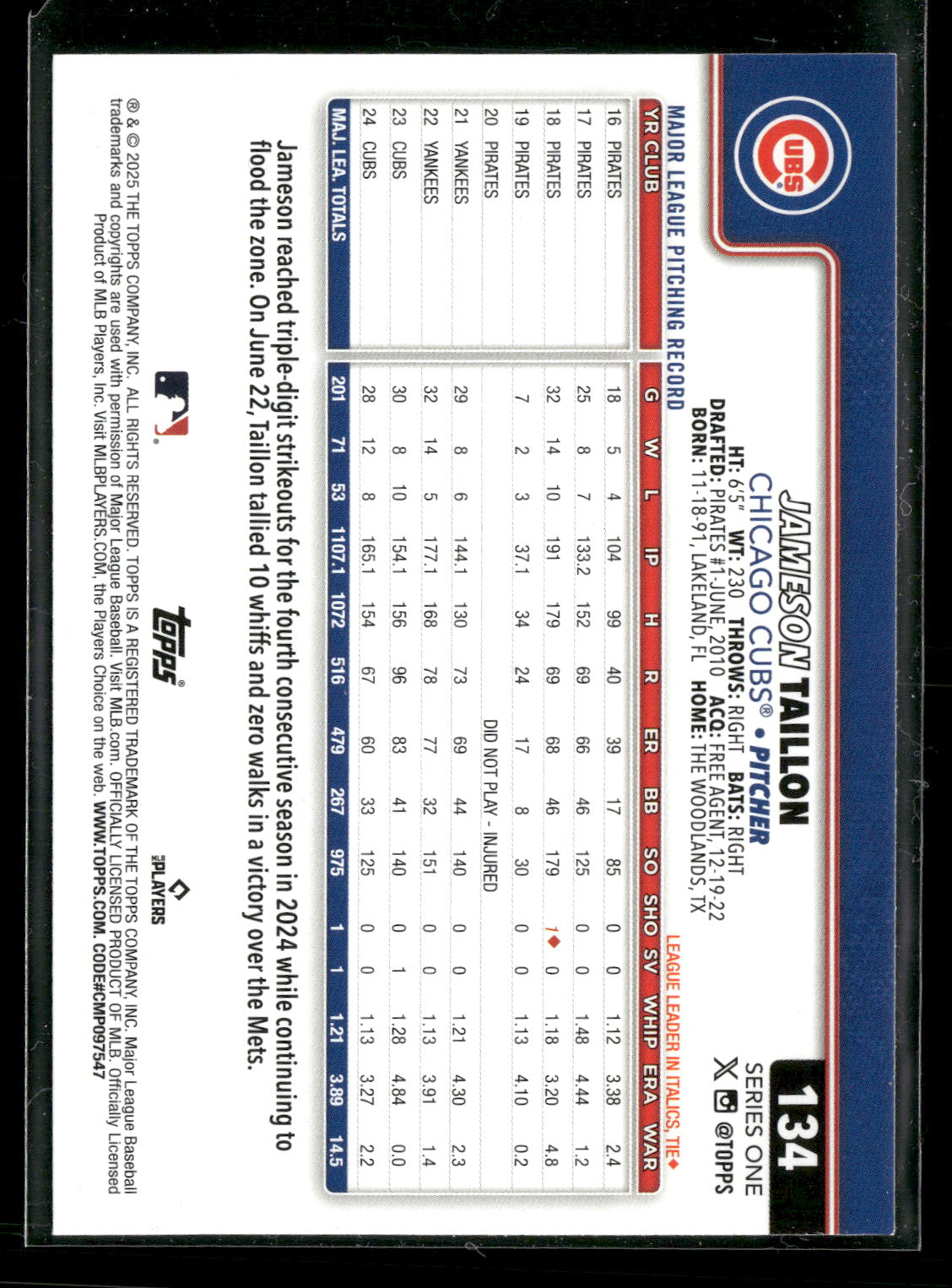 2025 Topps Series 1 Baseball Jameson Taillon #134