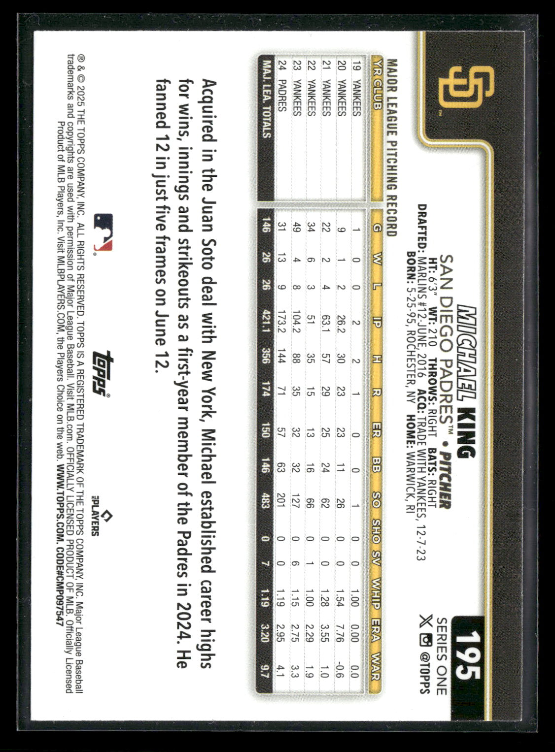 2025 Topps Series 1 Baseball Michael King #195