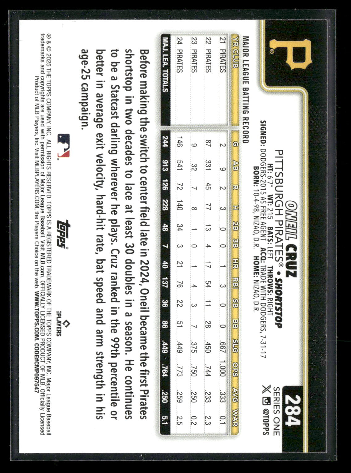 2025 Topps Series 1 Baseball Oneil Cruz #284