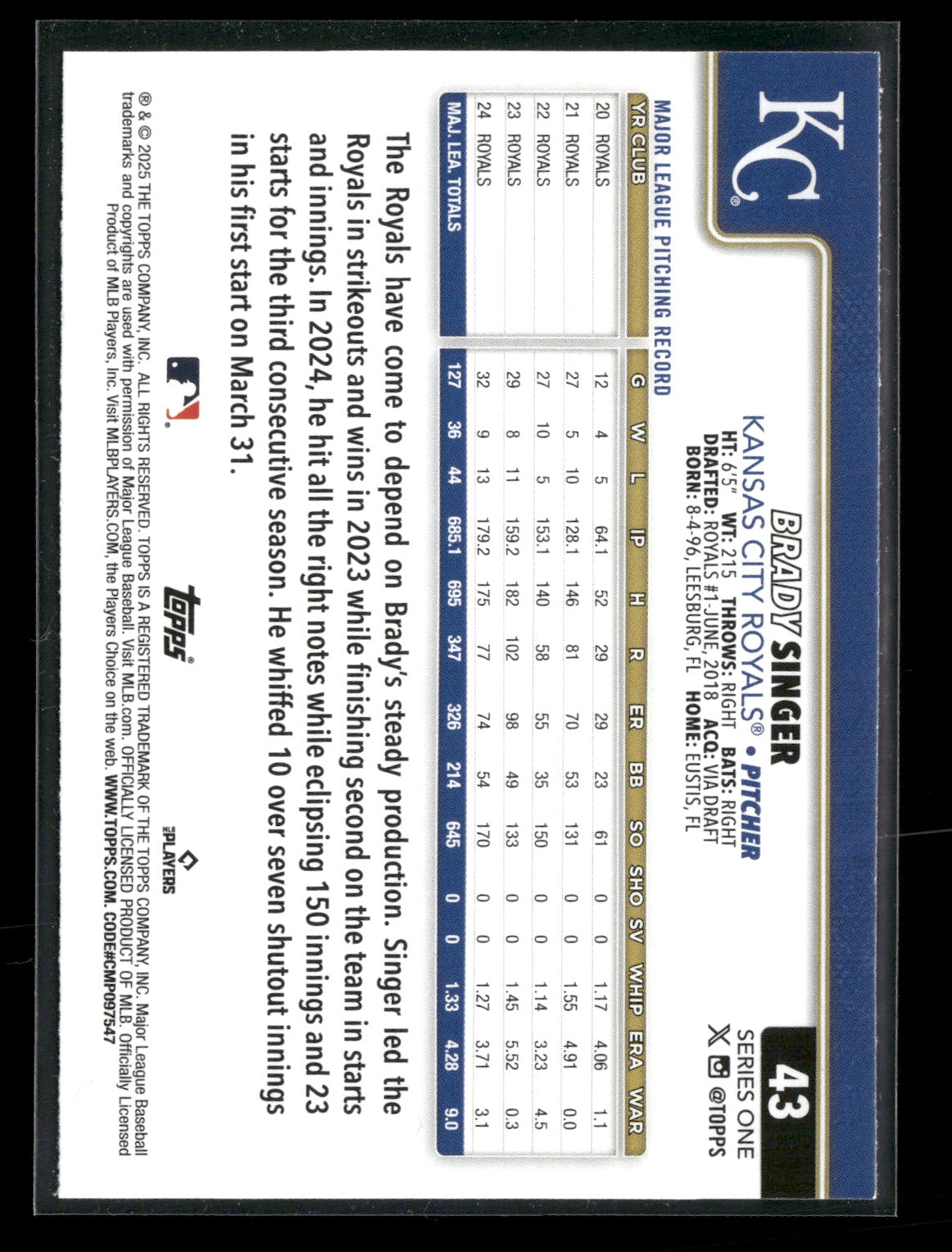 2025 Topps Series 1 Baseball Brady Singer #43