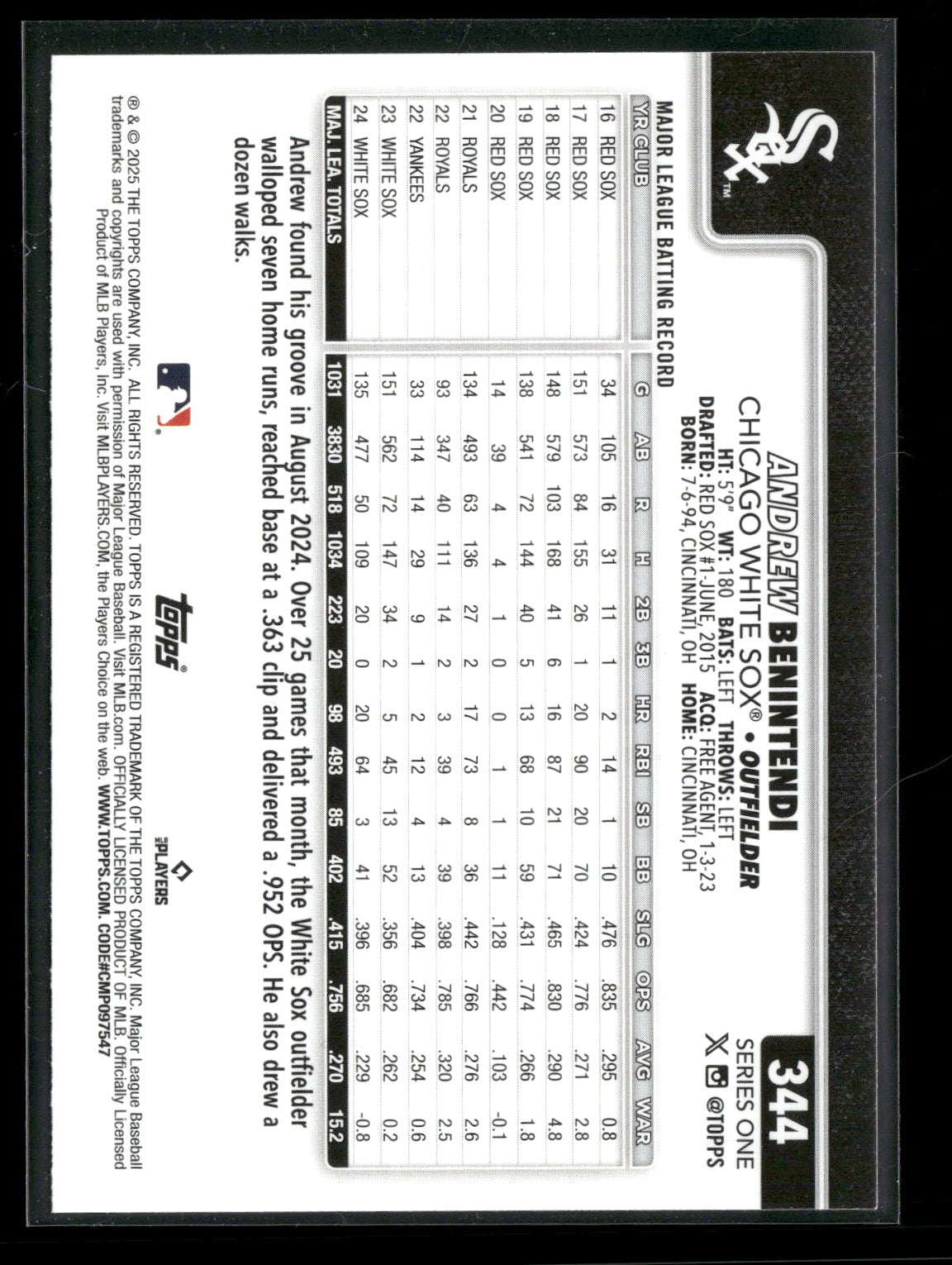 2025 Topps Series 1 Baseball Andrew Benintendi #344