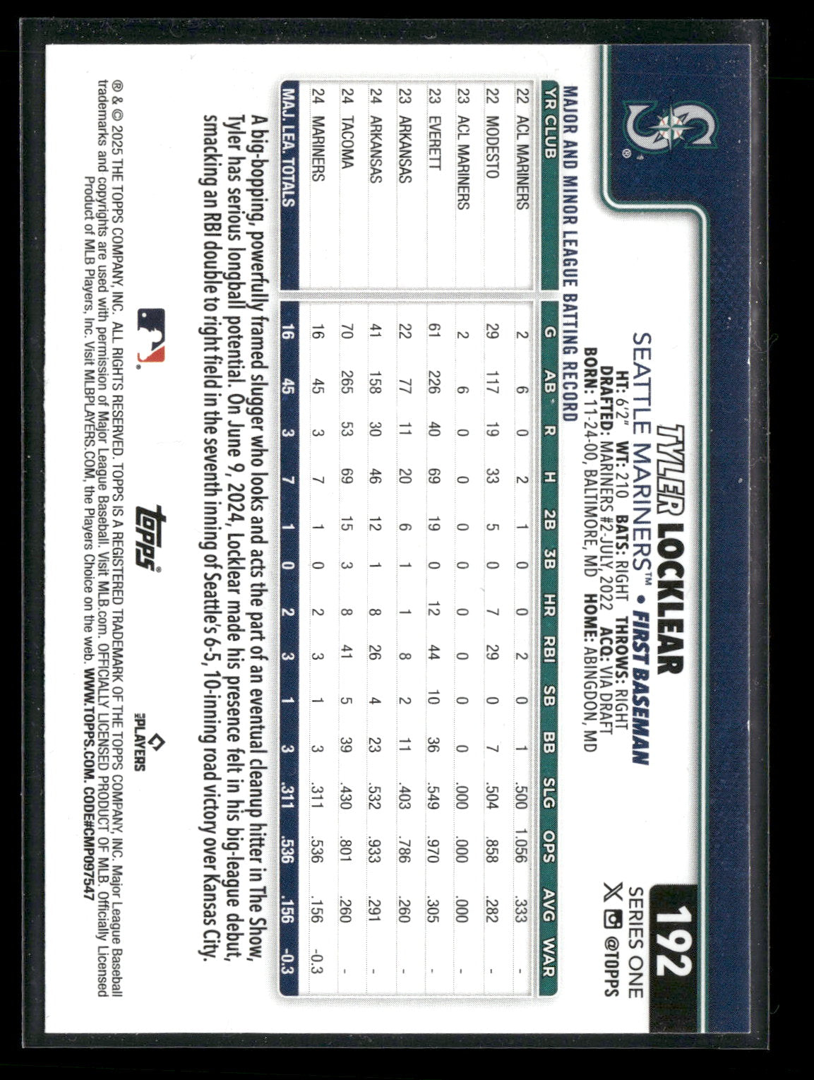 2025 Topps Series 1 Baseball Tyler Locklear #192 RC